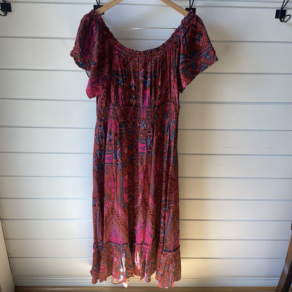 NWT Torrid Tea Length Off Shoulder Peasant Dress Wildflower Mandala 00 M/L (10)‎ - Picture 4 of 7